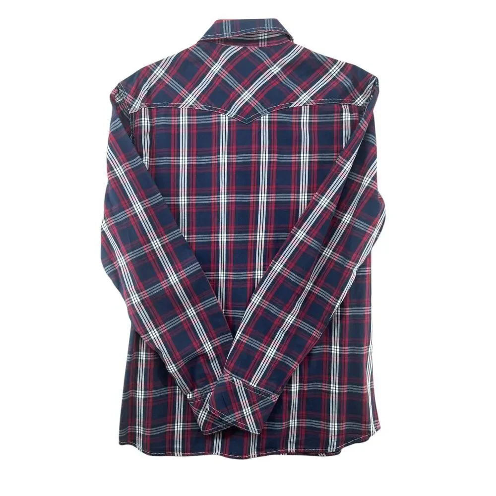 True Religion Plaid Western Shirt Mens M Red Blue Pearl Snap Flap Pocket